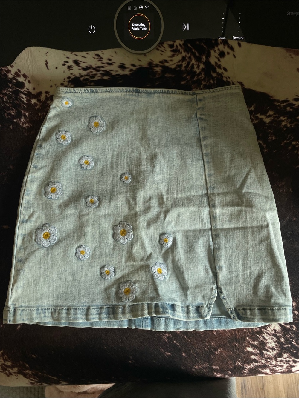 Target Light Blue Denim Midi Skirt with White & Yellow Daisy Embroidery